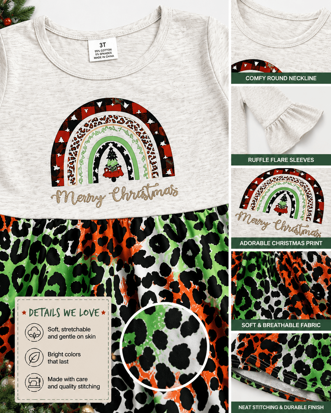 ILTEX Apparel Kids Clothing Cheetah Red Green 'Merry Christmas' Dress