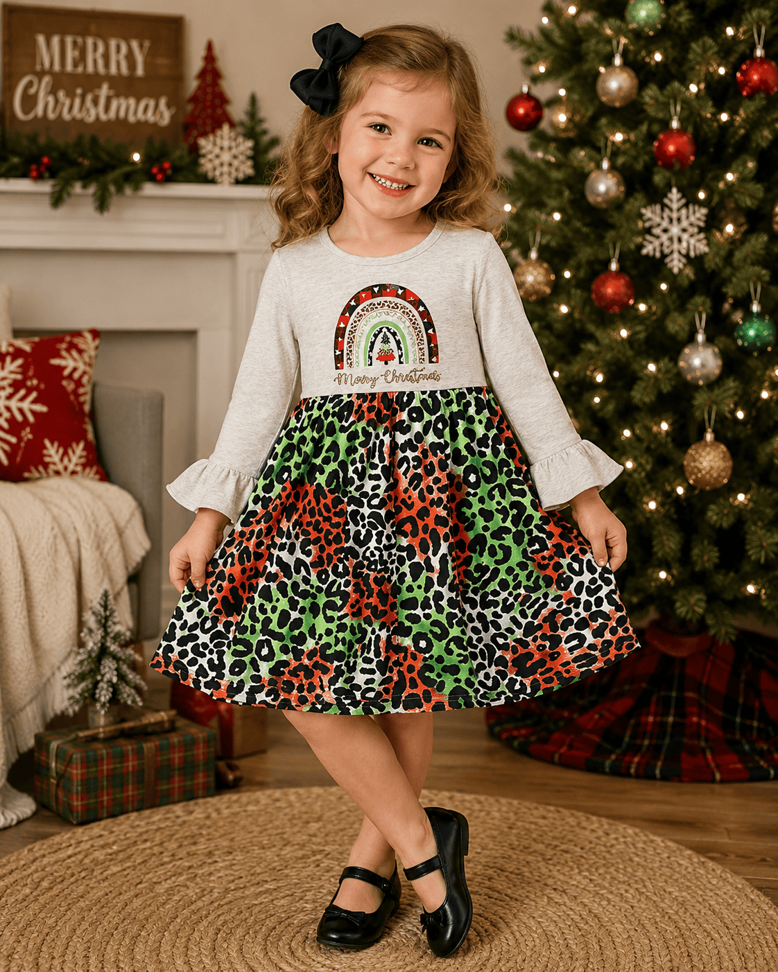 ILTEX Apparel Kids Clothing Cheetah Red Green 'Merry Christmas' Dress