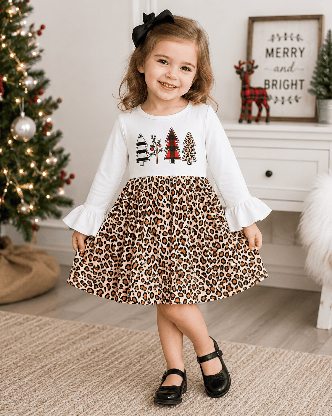 ILTEX Apparel Kids Clothing Cheetah White Tree Christmas Dress