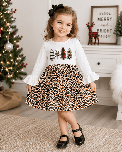 ILTEX Apparel Kids Clothing Cheetah White Tree Christmas Dress