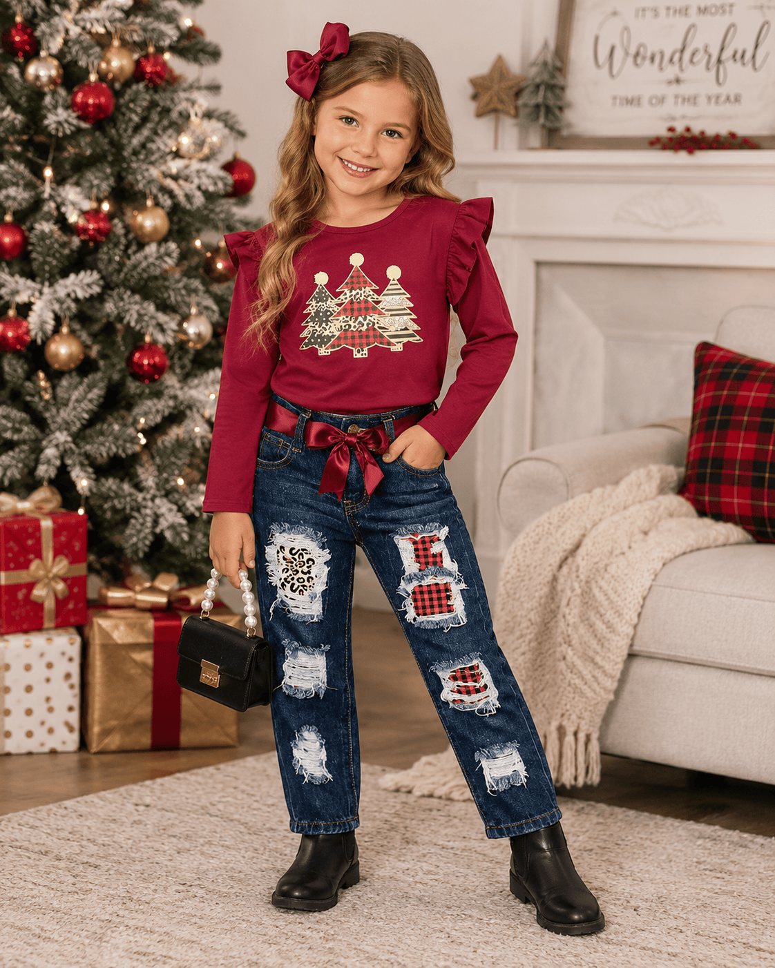ILTEX Apparel Kids Clothing Christmas Tree Burgundy Pant Outfit