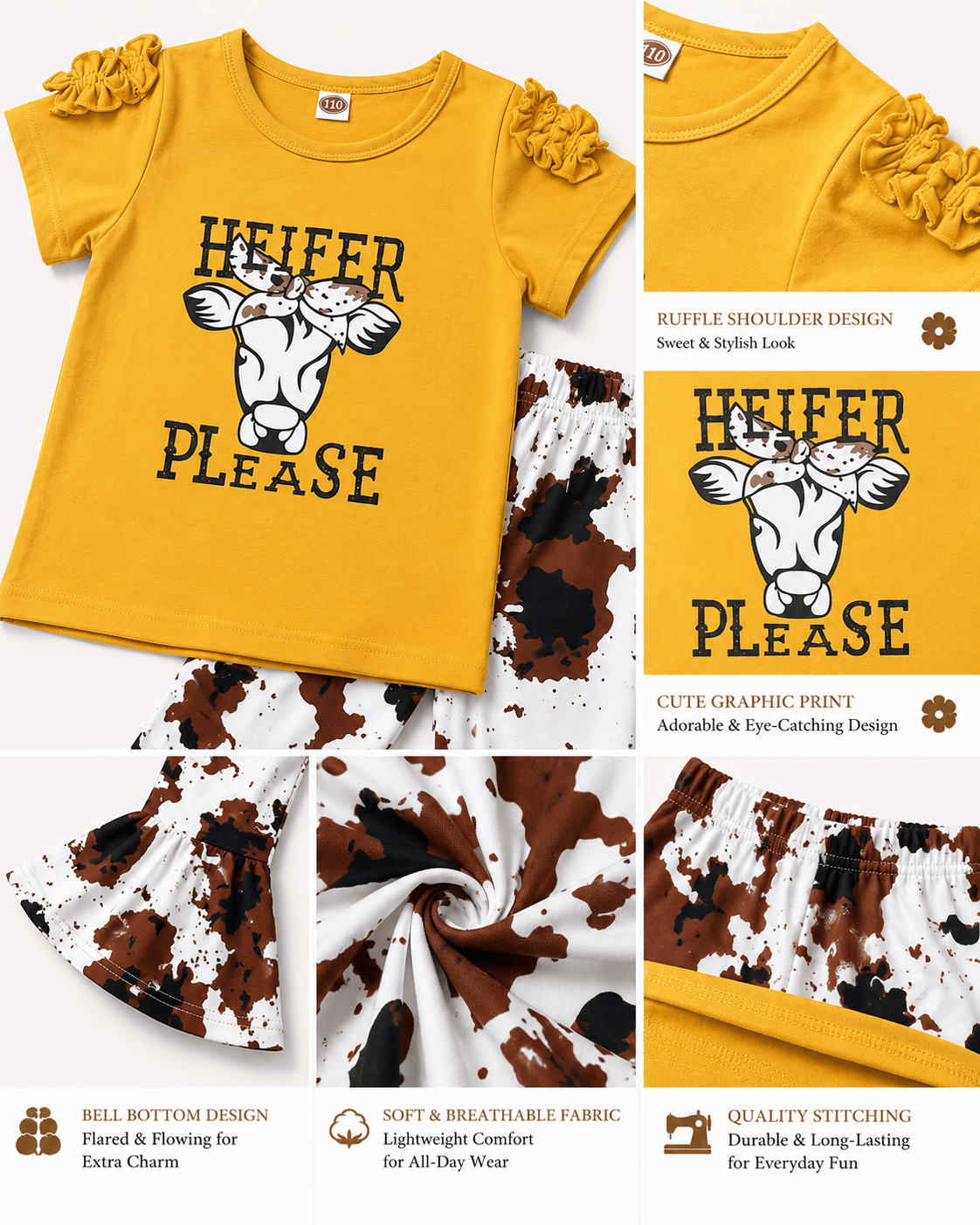 ILTEX Apparel Kids Clothing Cow 'Heifer Please' Yellow Kids Outfit