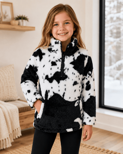 ILTEX Apparel Kids Clothing Cow Print Black White Sherpa Pullover Kids