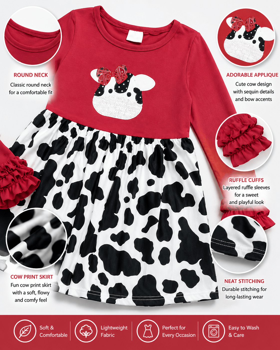 ILTEX Apparel Kids Clothing Cow Red Black Ruffle Dress