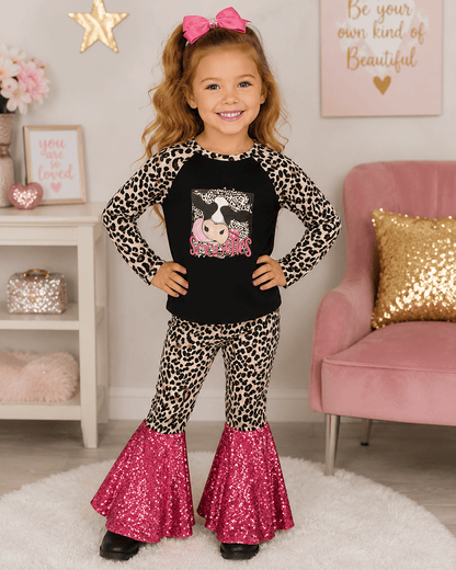 ILTEX Apparel Kids Clothing Cow 'Smooches' Black Cheetah Sequin Outfit Kids