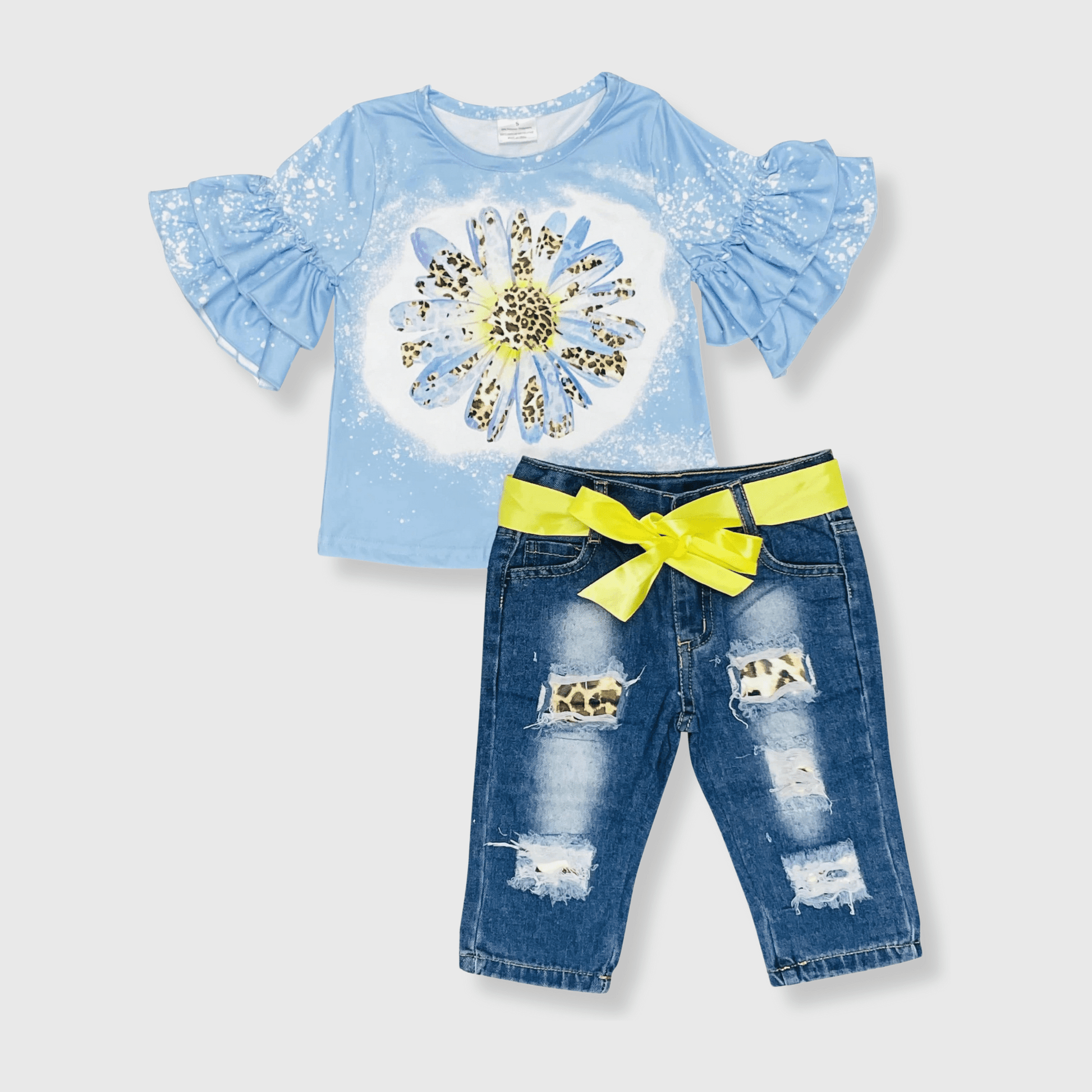 ILTEX Apparel Kids Clothing Daisy Bleached Denim Cheetah Capri Outfit Kids