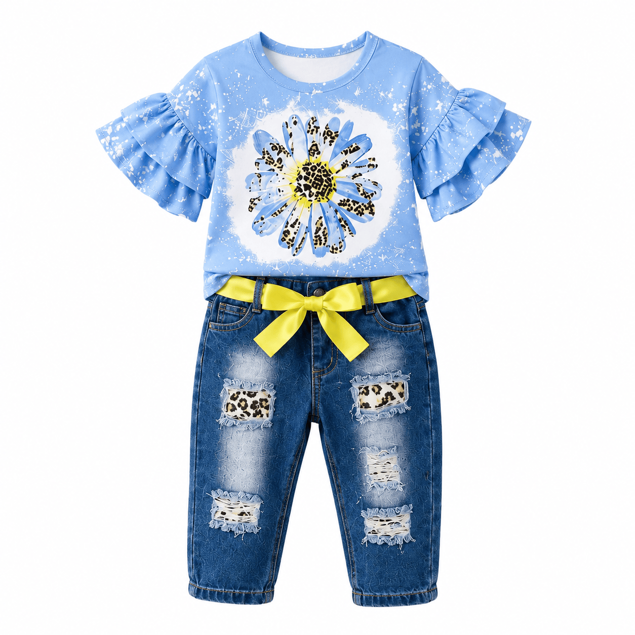 ILTEX Apparel Kids Clothing Daisy Bleached Denim Cheetah Capri Outfit Kids