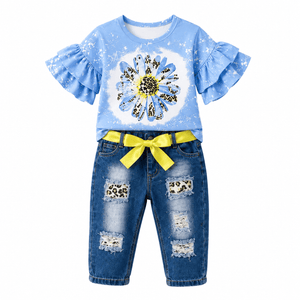 ILTEX Apparel Kids Clothing Daisy Bleached Denim Cheetah Capri Outfit Kids