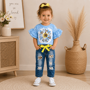 ILTEX Apparel Kids Clothing Daisy Bleached Denim Cheetah Capri Outfit Kids