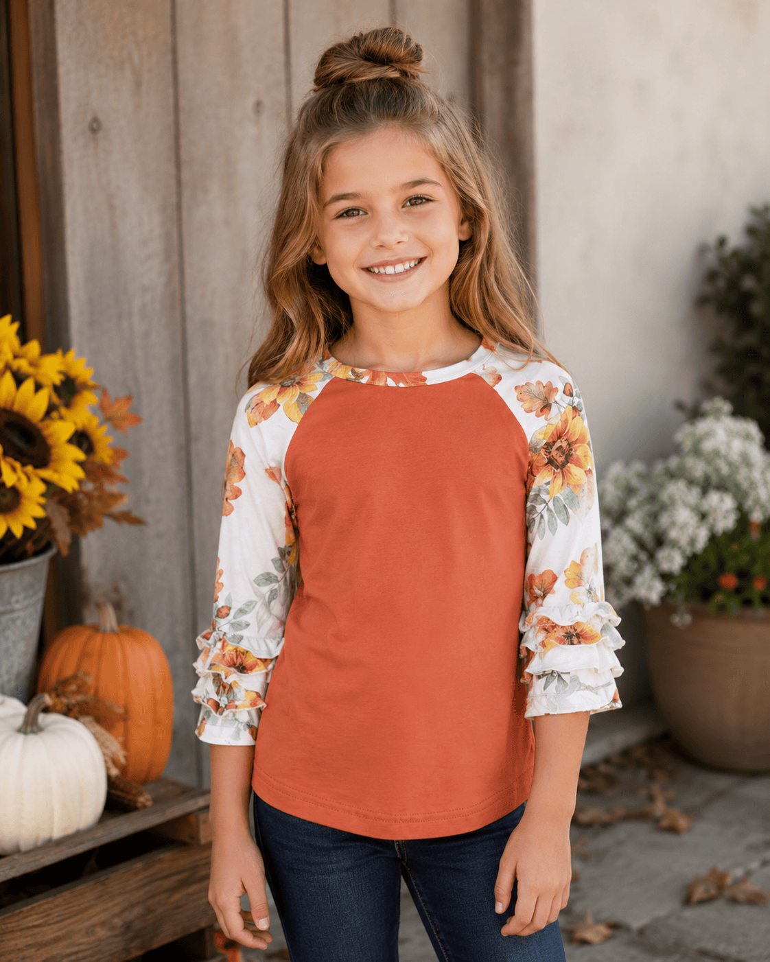 ILTEX Apparel Kids Clothing Floral Autumn Orange Ruffle Raglan Kids