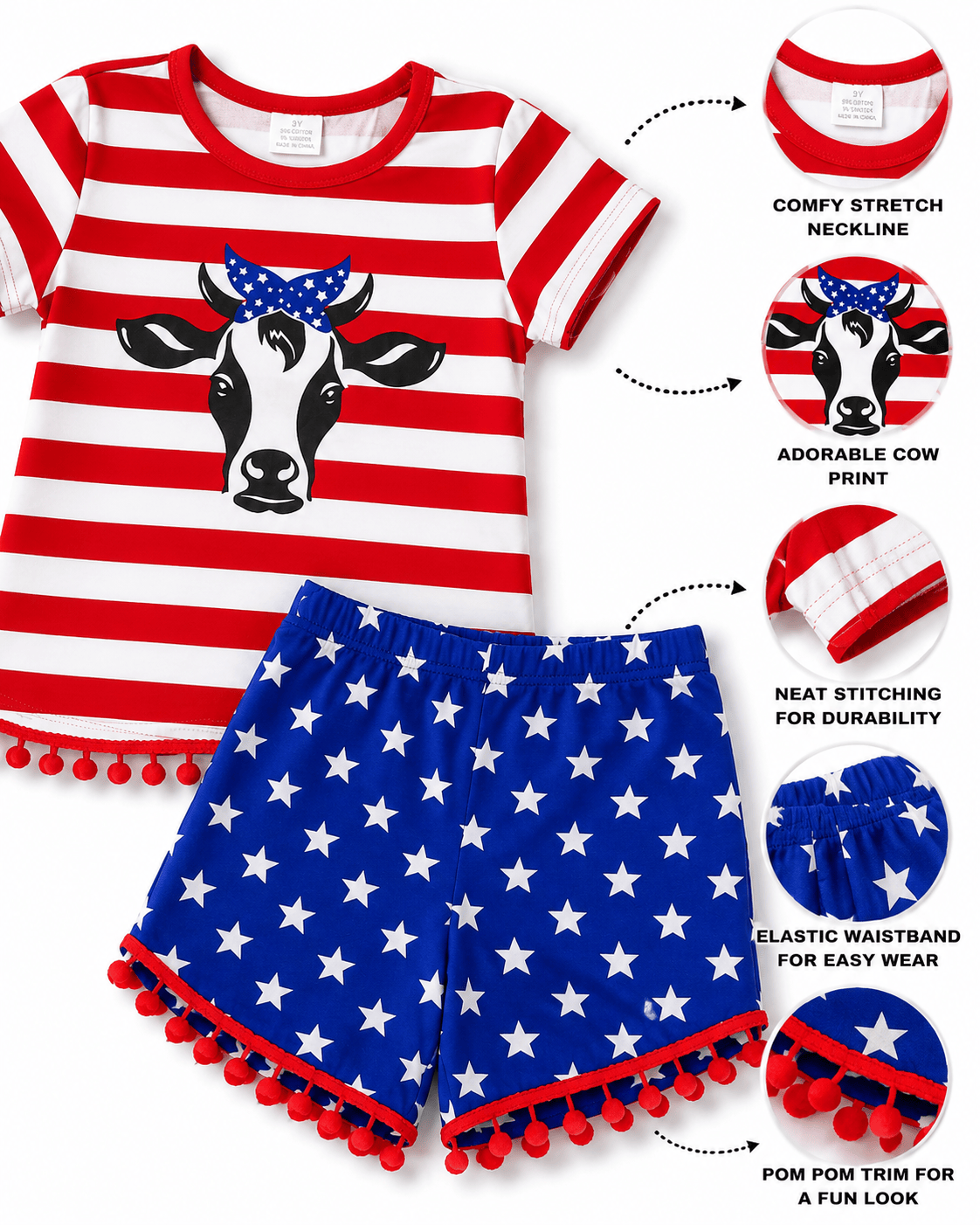 ILTEX Apparel Kids Clothing Fourth of July Stars & Striped Cow Outfit