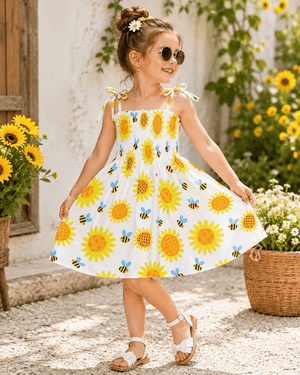 ILTEX Apparel Kids Clothing Girl's Ruched Sunflower Bee Sundress