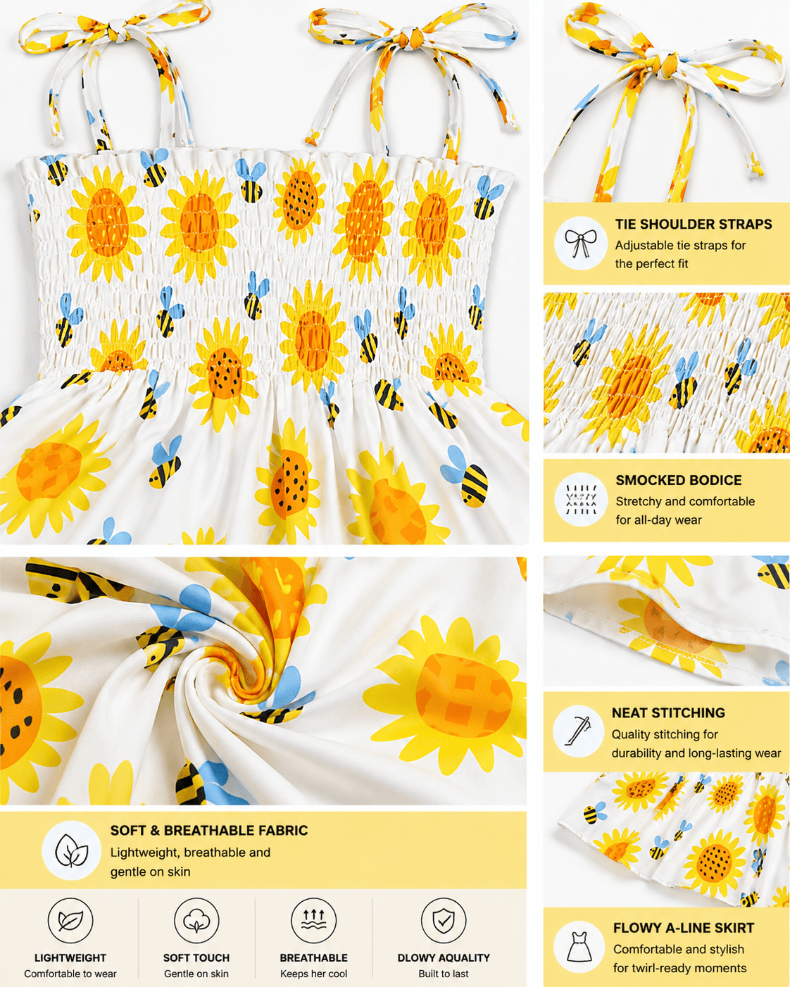 ILTEX Apparel Kids Clothing Girl's Ruched Sunflower Bee Sundress