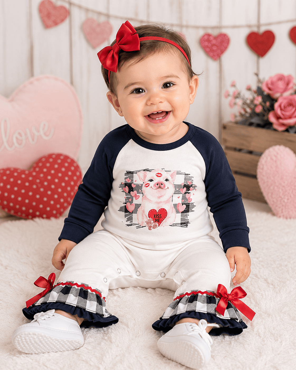 ILTEX Apparel Kids Clothing Hearts Plaid Pig White Romper Kids