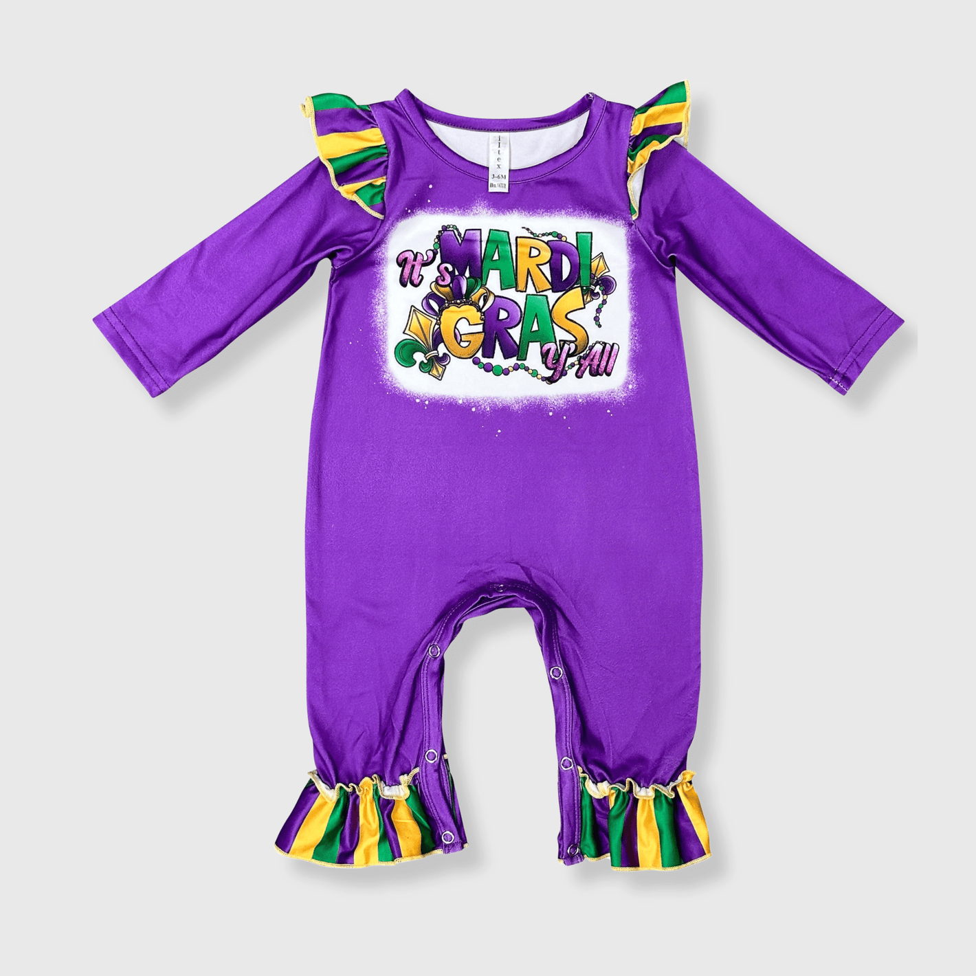 ILTEX Apparel Kids Clothing Mardi Gras y'all Purple Romper