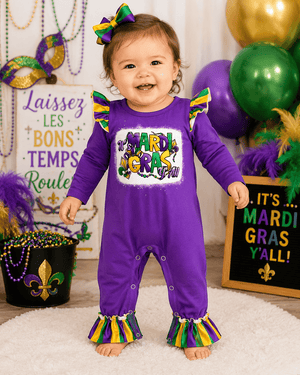 ILTEX Apparel Kids Clothing Mardi Gras y'all Purple Romper