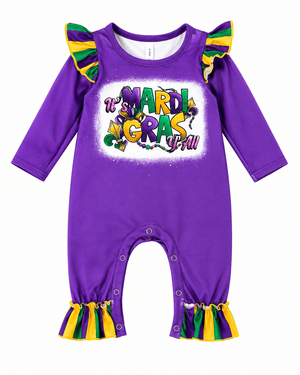 ILTEX Apparel Kids Clothing Mardi Gras y'all Purple Romper