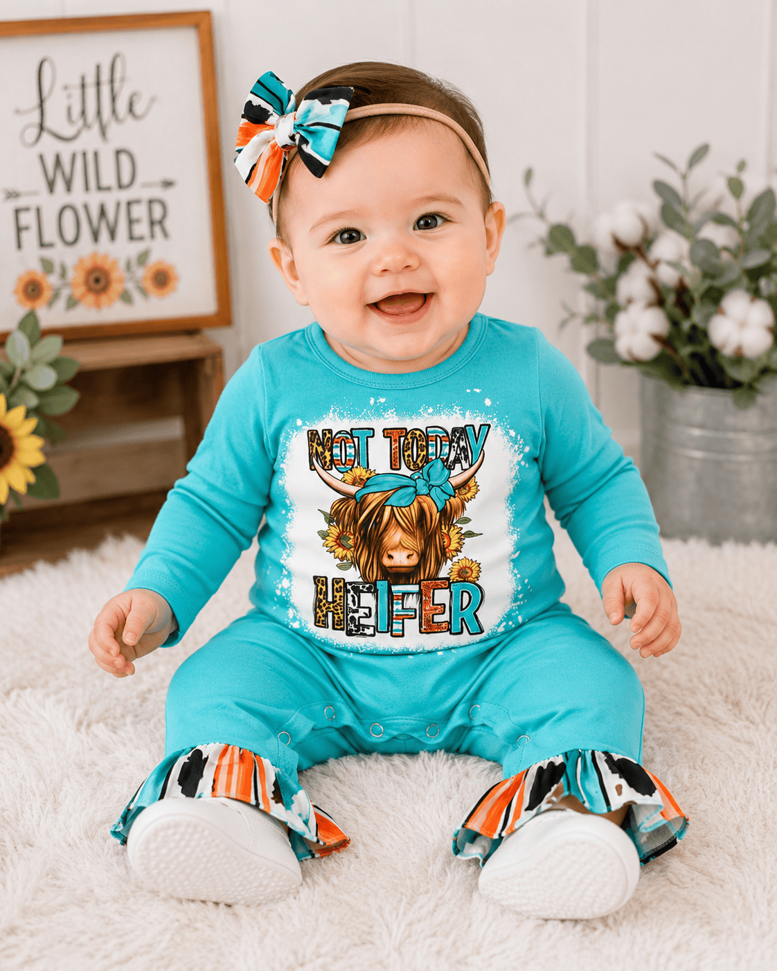 ILTEX Apparel Kids Clothing 'Not Today Heifer' Turquoise Serape Romper