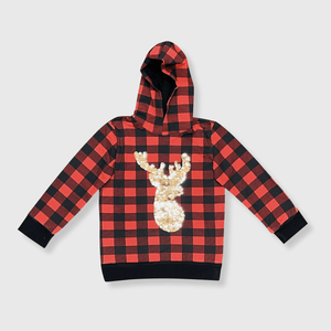 ILTEX Apparel Kids Clothing Plaid Red Reindeer Sequin Hoodie Kids