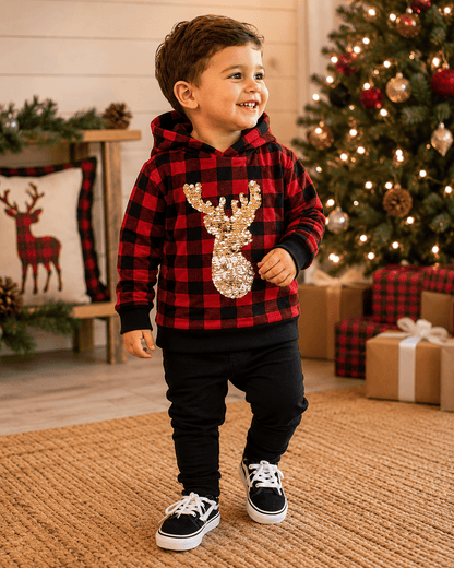 ILTEX Apparel Kids Clothing Plaid Red Reindeer Sequin Hoodie Kids
