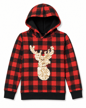 ILTEX Apparel Kids Clothing Plaid Red Reindeer Sequin Hoodie Kids