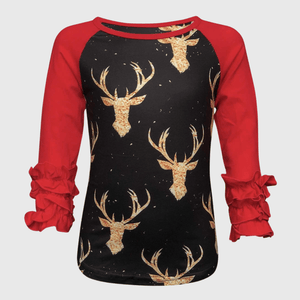 ILTEX Apparel Kids Clothing Reindeer Black Red Ruffle Top