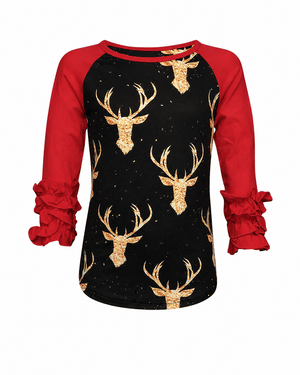ILTEX Apparel Kids Clothing Reindeer Black Red Ruffle Top