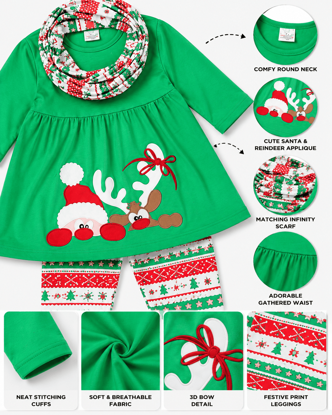 ILTEX Apparel Kids Clothing Rudolph Green Christmas Scarf Outfit