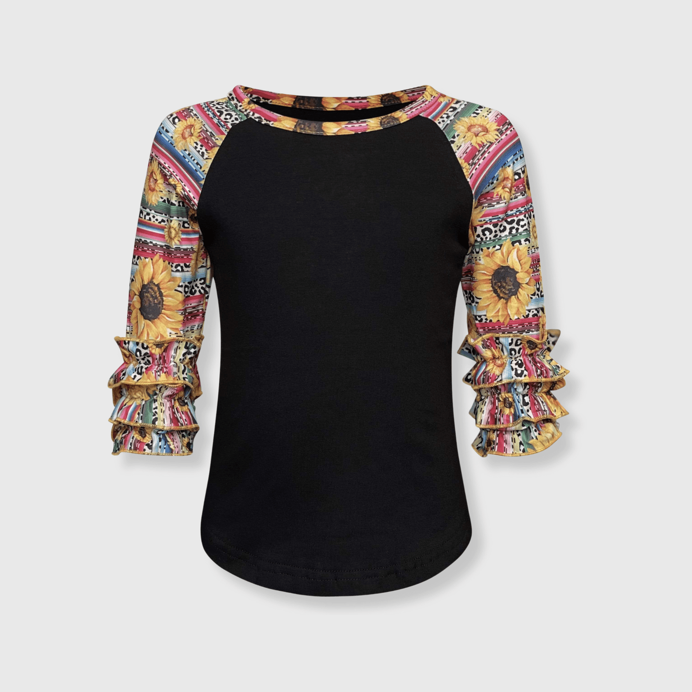 ILTEX Apparel Kids Clothing Serape Sunflower Cheetah Black Ruffle Raglan Kids