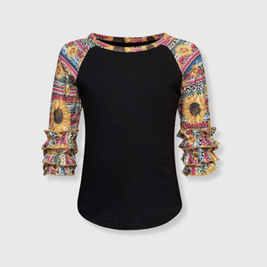 ILTEX Apparel Kids Clothing Serape Sunflower Cheetah Black Ruffle Raglan Kids