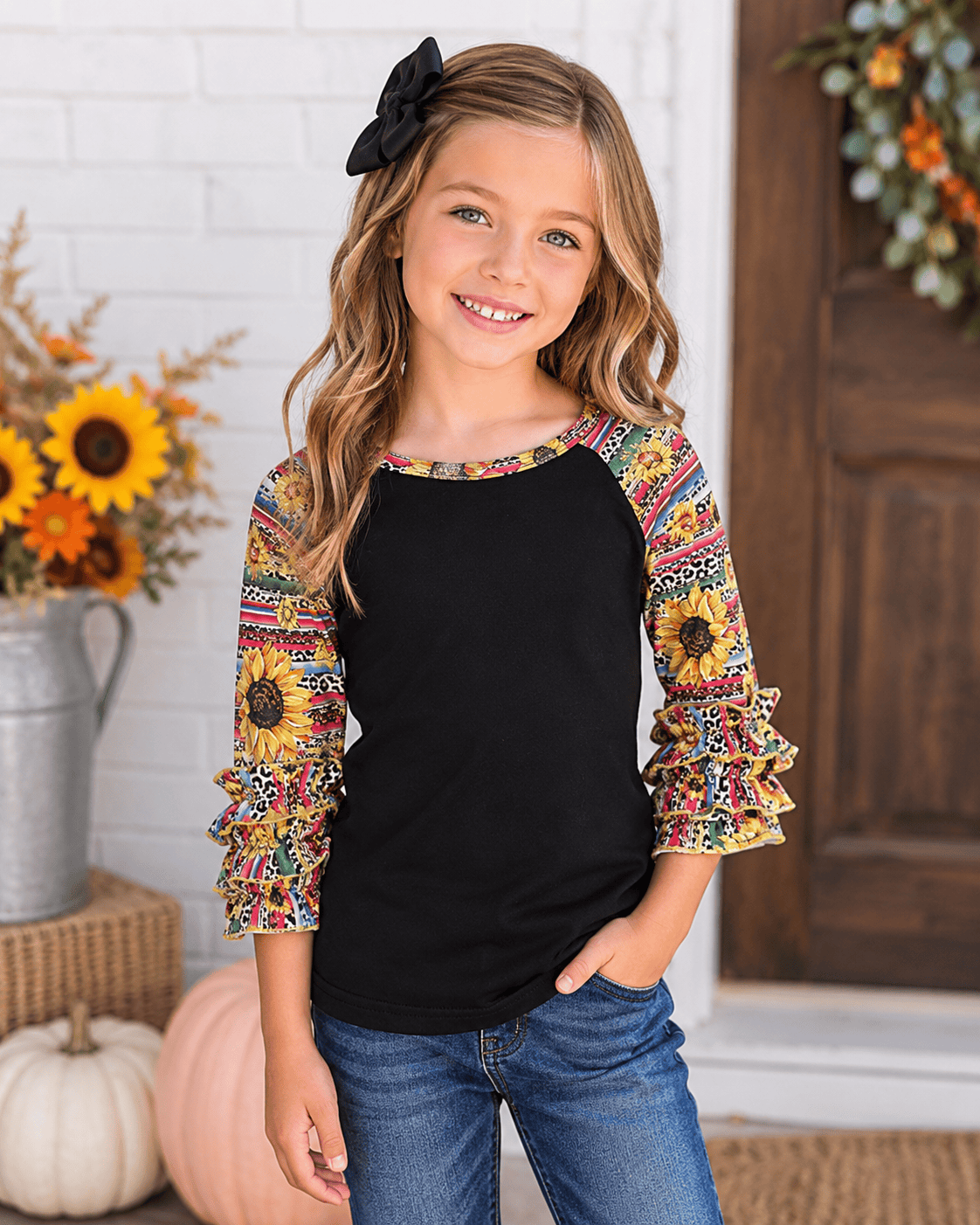 ILTEX Apparel Kids Clothing Serape Sunflower Cheetah Black Ruffle Raglan Kids