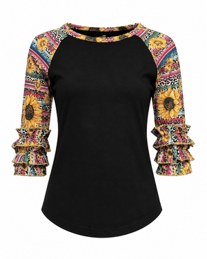 ILTEX Apparel Kids Clothing Serape Sunflower Cheetah Black Ruffle Raglan Kids