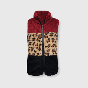 ILTEX Apparel Kids Clothing Sherpa Color Block Cheetah Burgundy Vest Kids