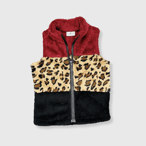 ILTEX Apparel Kids Clothing Sherpa Color Block Cheetah Burgundy Vest Kids