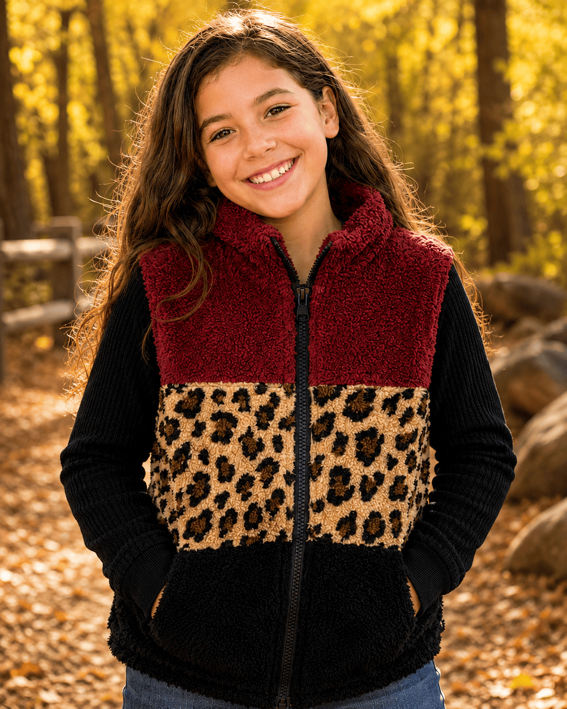 ILTEX Apparel Kids Clothing Sherpa Color Block Cheetah Burgundy Vest Kids