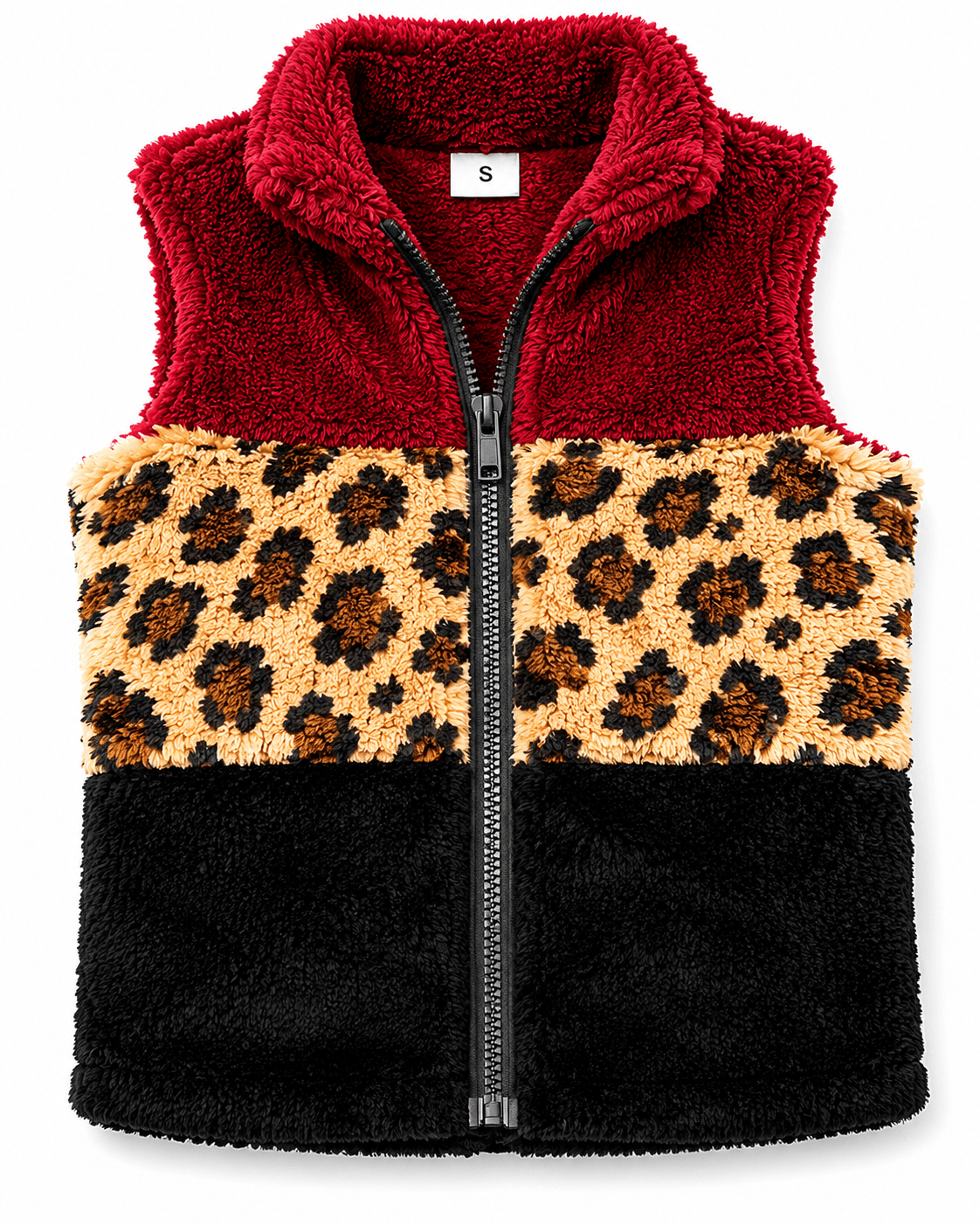 ILTEX Apparel Kids Clothing Sherpa Color Block Cheetah Burgundy Vest Kids