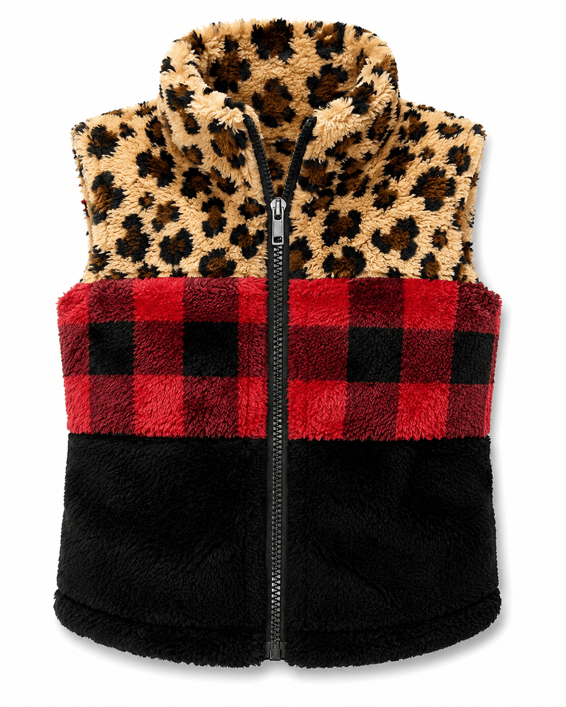 ILTEX Apparel Kids Clothing Sherpa Color Block Plaid Cheetah Vest Kids