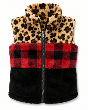 ILTEX Apparel Kids Clothing Sherpa Color Block Plaid Cheetah Vest Kids