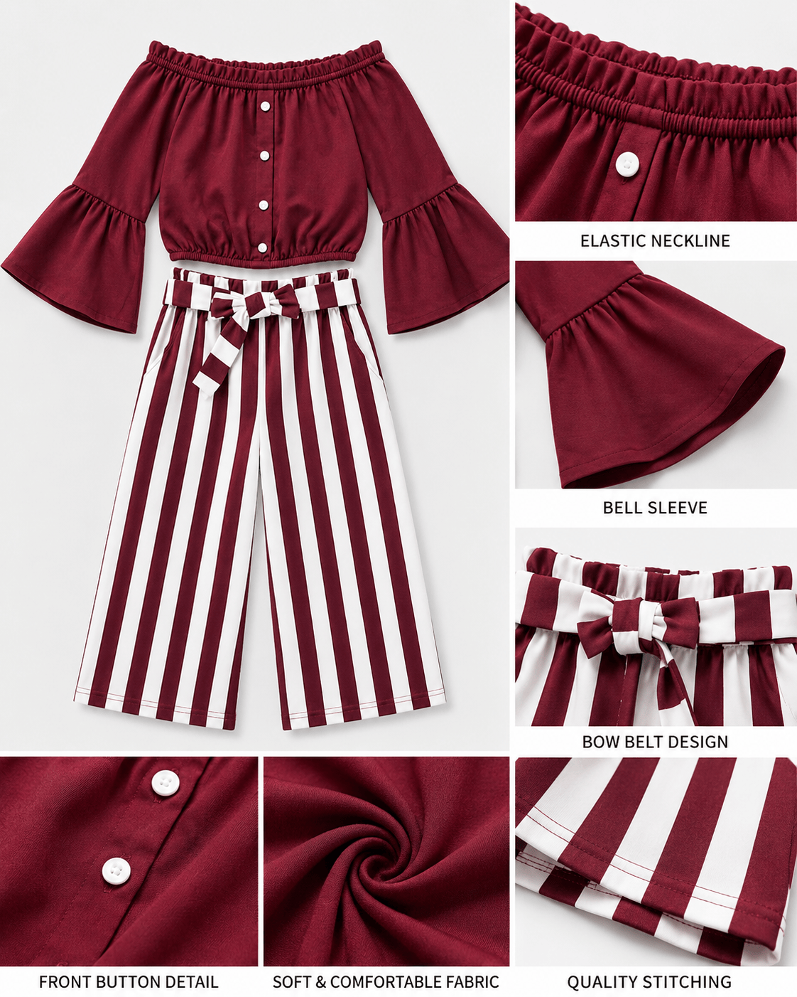 ILTEX Apparel Kids Clothing Striped Maroon Off the Shoulder Outfit Kids