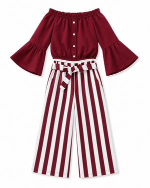 ILTEX Apparel Kids Clothing Striped Maroon Off the Shoulder Outfit Kids