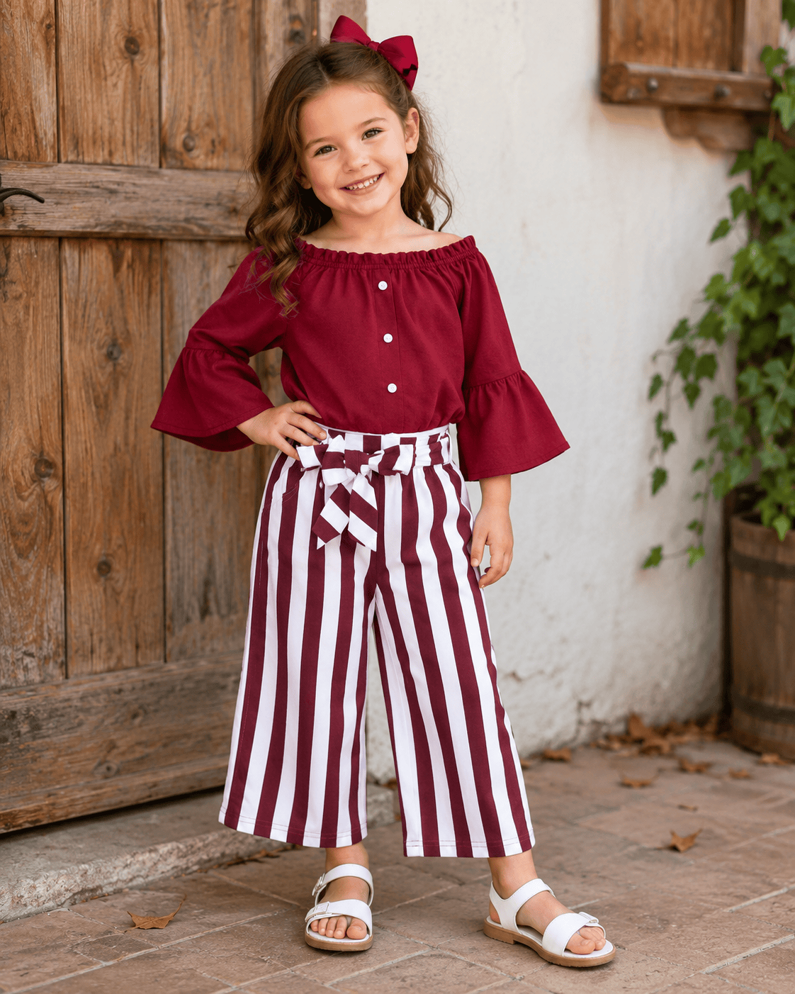 ILTEX Apparel Kids Clothing Striped Maroon Off the Shoulder Outfit Kids