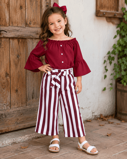 ILTEX Apparel Kids Clothing Striped Maroon Off the Shoulder Outfit Kids