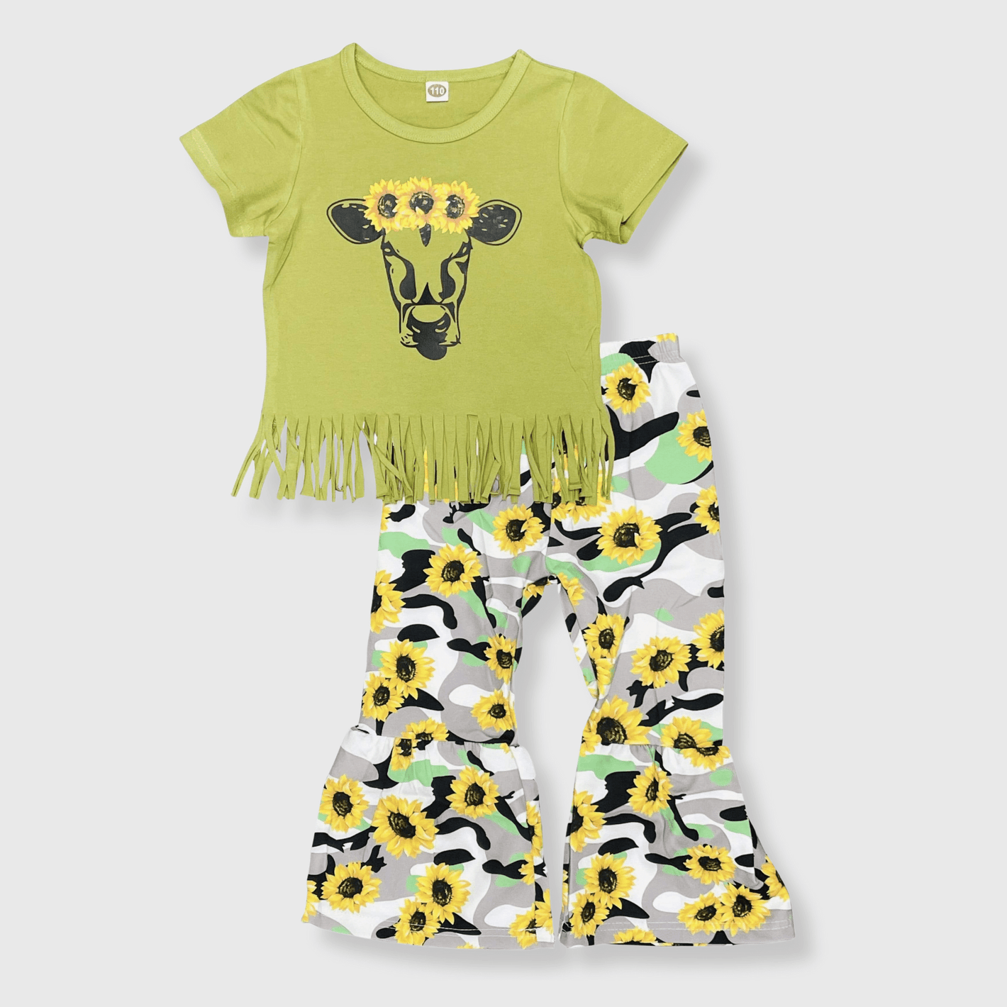 ILTEX Apparel Kids Clothing Sunflower Camo Cow Green Tassel Kids Outfit