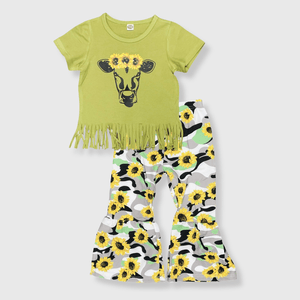 ILTEX Apparel Kids Clothing Sunflower Camo Cow Green Tassel Kids Outfit
