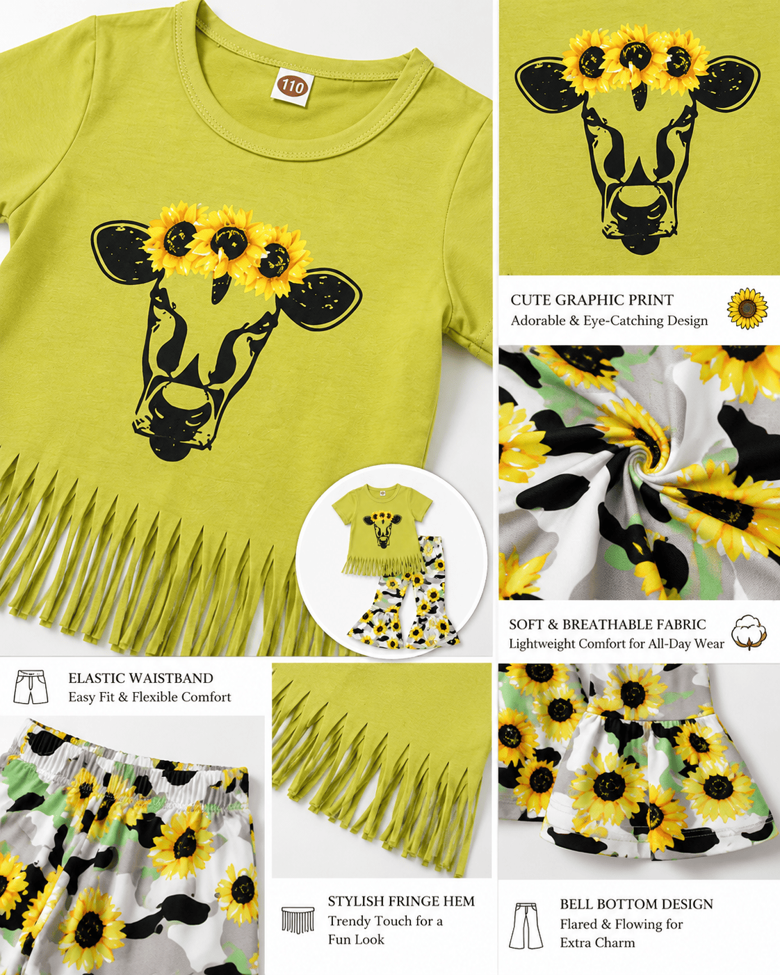 ILTEX Apparel Kids Clothing Sunflower Camo Cow Green Tassel Kids Outfit