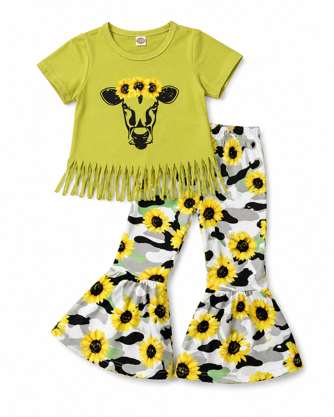 ILTEX Apparel Kids Clothing Sunflower Camo Cow Green Tassel Kids Outfit