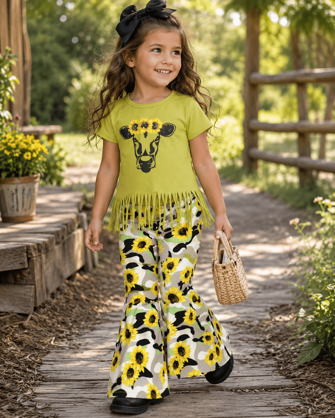 ILTEX Apparel Kids Clothing Sunflower Camo Cow Green Tassel Kids Outfit