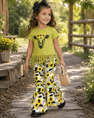 ILTEX Apparel Kids Clothing Sunflower Camo Cow Green Tassel Kids Outfit