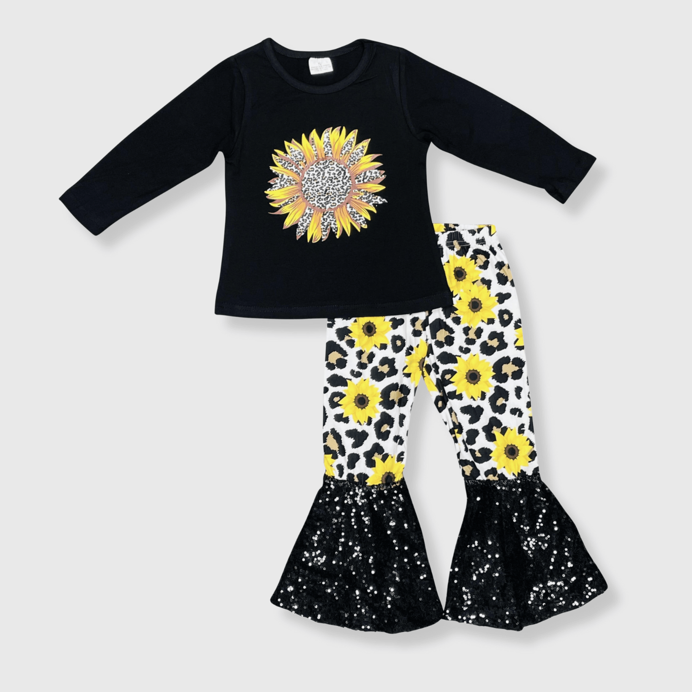 ILTEX Apparel Kids Clothing Sunflower Cheetah Black Sequin Bell Bottom Outfit Kids