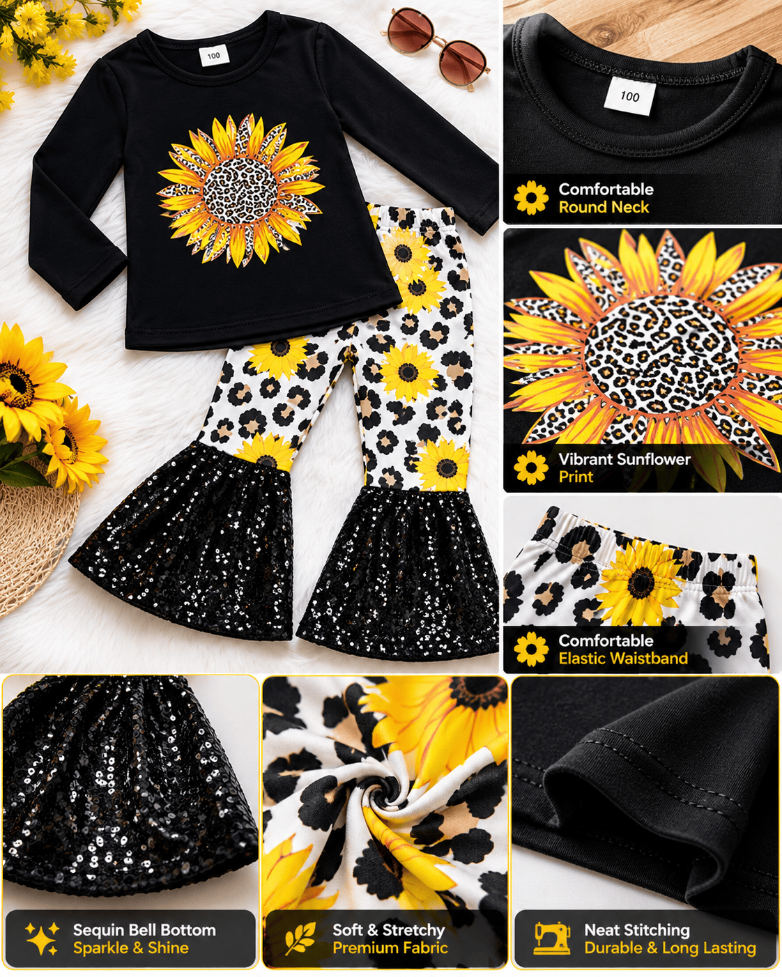 ILTEX Apparel Kids Clothing Sunflower Cheetah Black Sequin Bell Bottom Outfit Kids